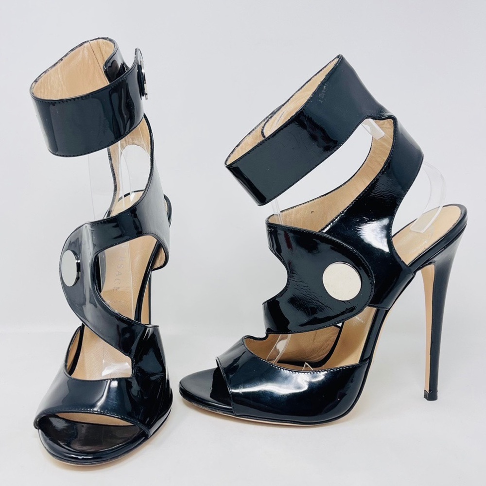 Black Versace Patent Snap Button Heels